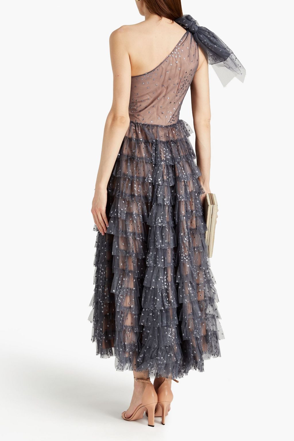 REDVALENTINO One-shoulder tiered glittered tulle midi dress