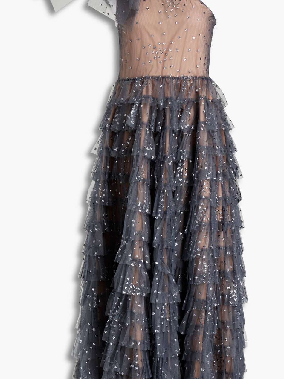 one-shoulder tiered glittered tulle midi dress