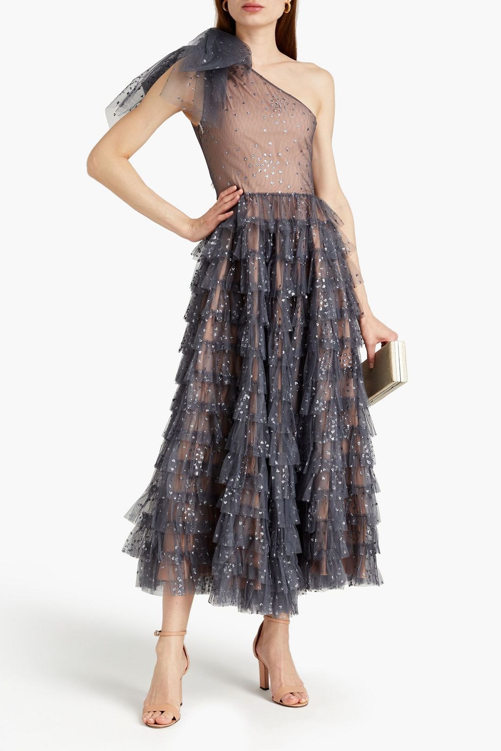 REDVALENTINO One-shoulder tiered glittered tulle midi dress