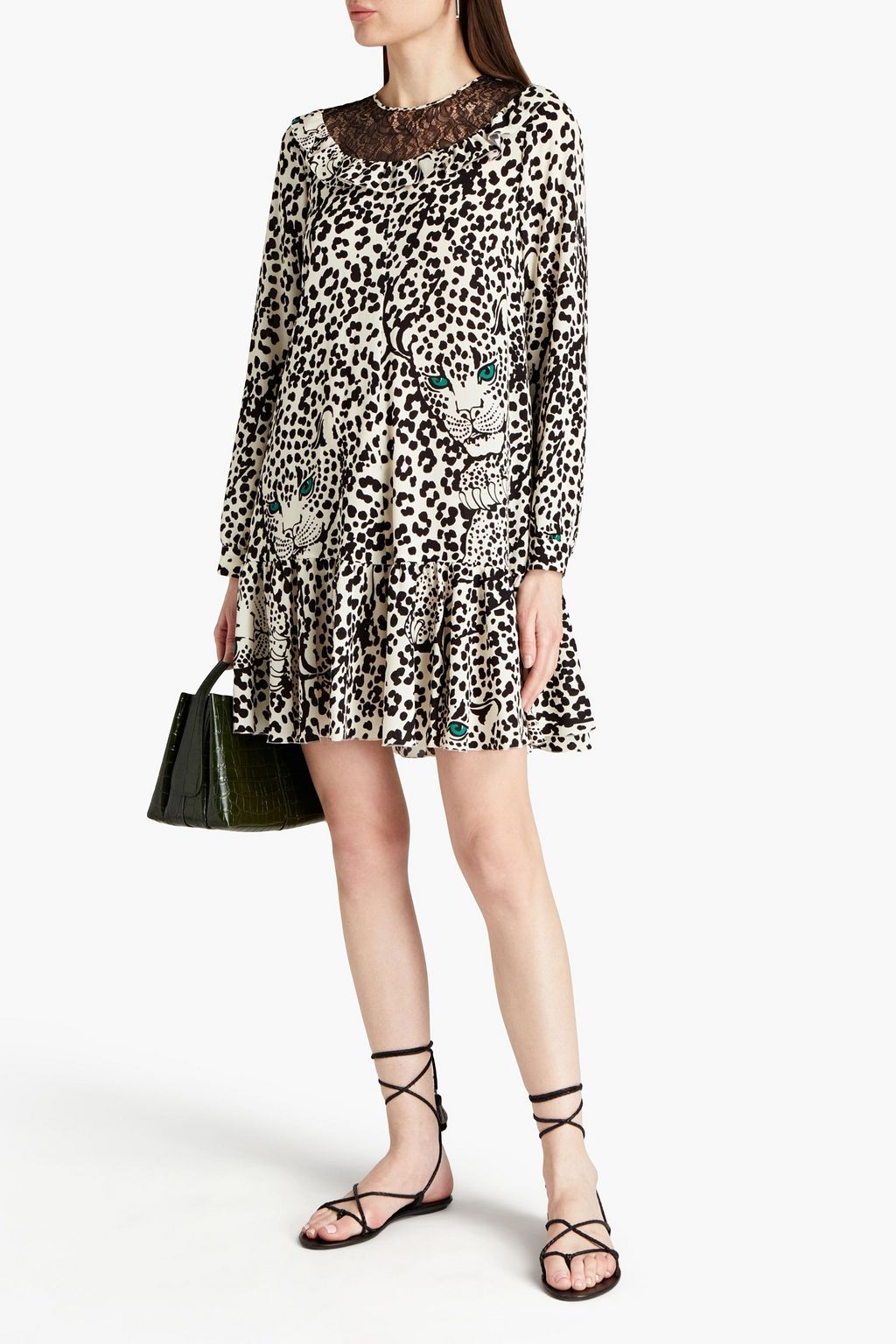 REDVALENTINO Lace-paneled leopard-print crepe mini dress
