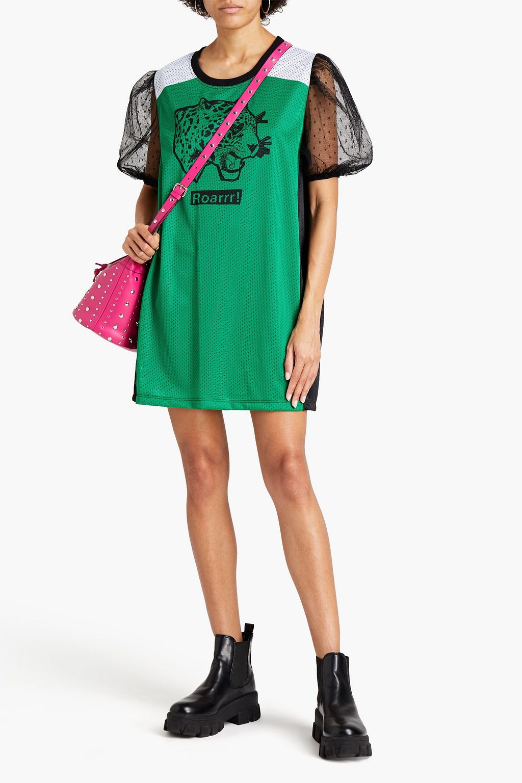 REDVALENTINO Point d'esprit-paneled printed mesh top