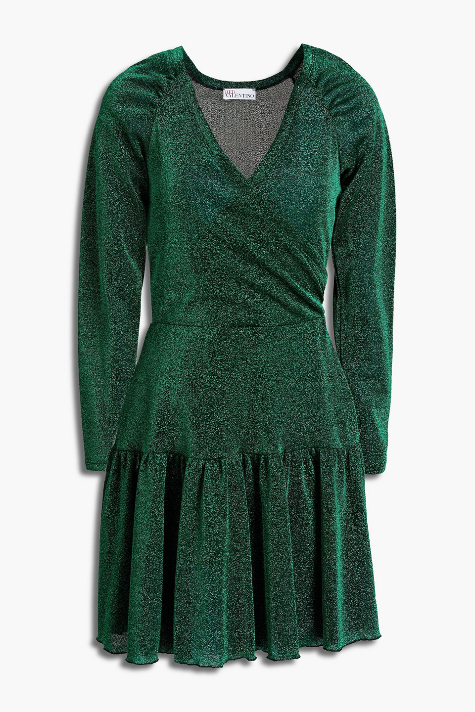 Redvalentino Woman Wrap-effect Metallic Stretch-knit Mini Dress Green Size XS