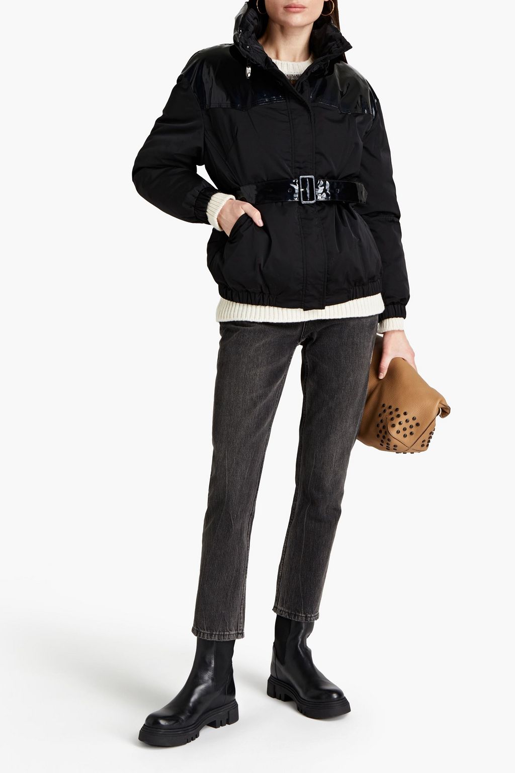 TOD'S Vinyl-paneled belted shell down jacket