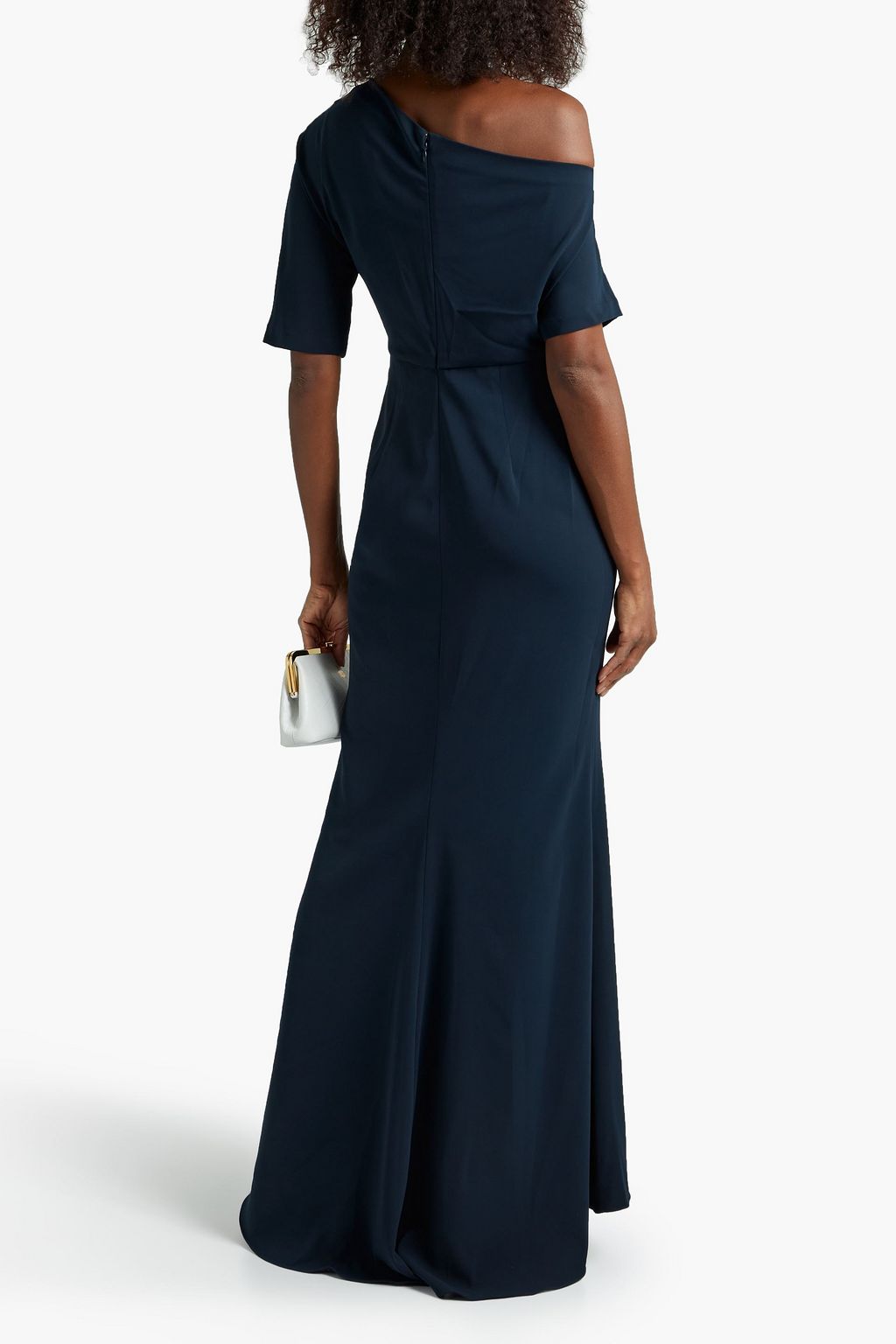 BADGLEY MISCHKA One-shoulder draped cady gown