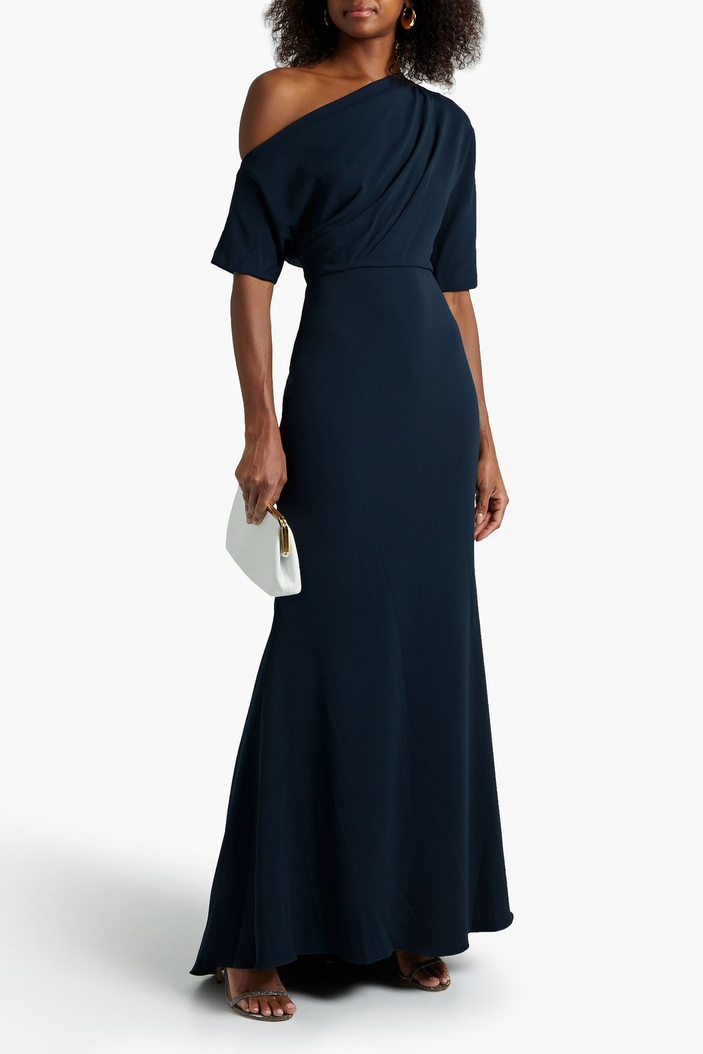 BADGLEY MISCHKA One-shoulder draped cady gown