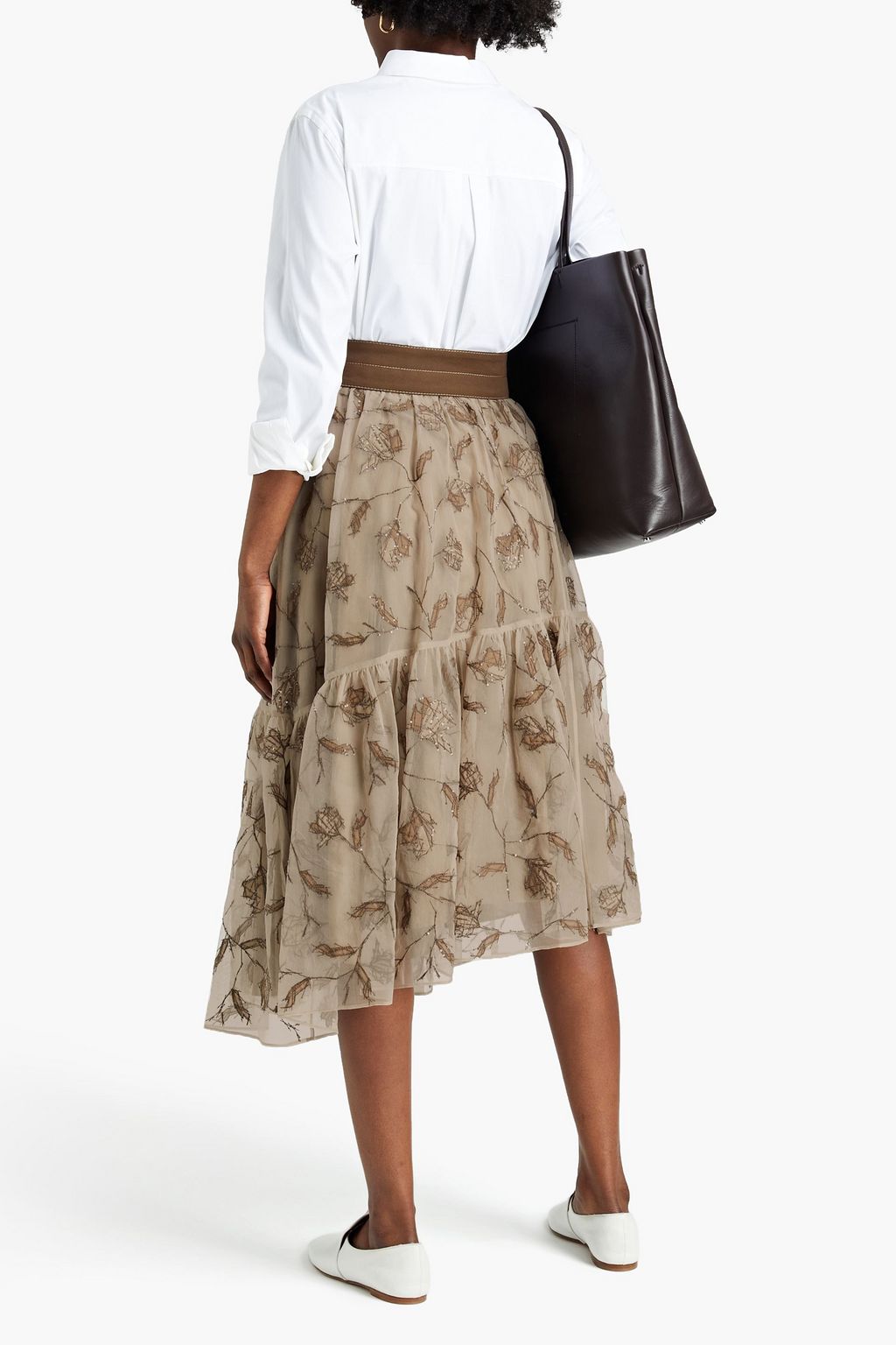 BRUNELLO CUCINELLI Asymmetric embellished silk-organza midi skirt