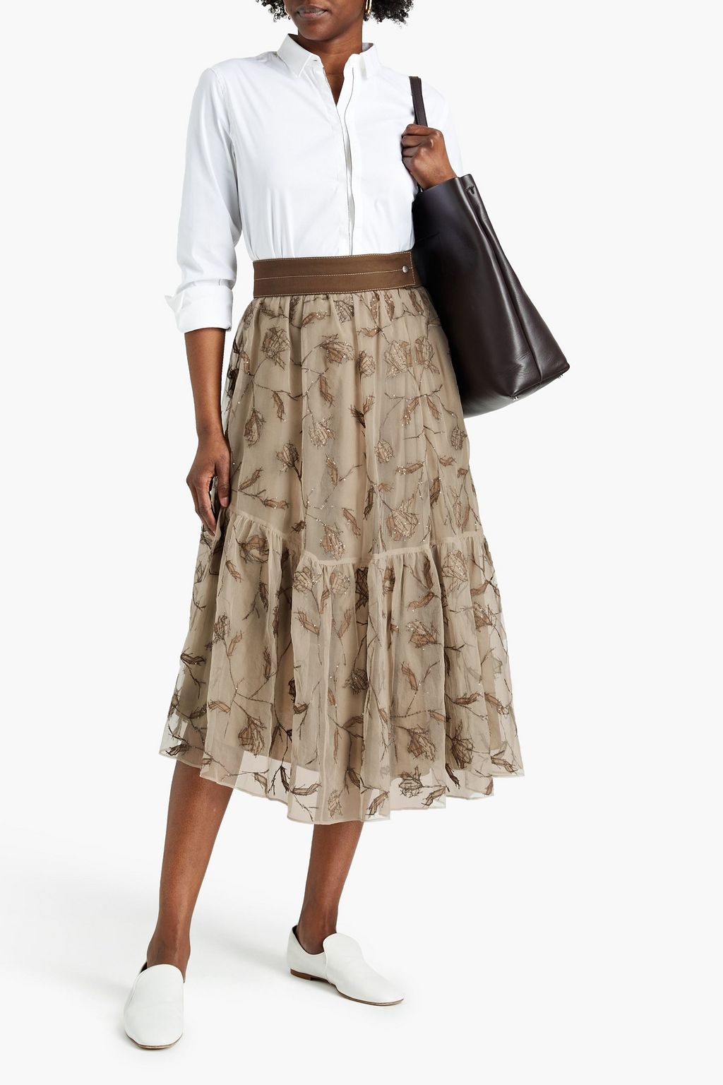 BRUNELLO CUCINELLI Asymmetric embellished silk-organza midi skirt