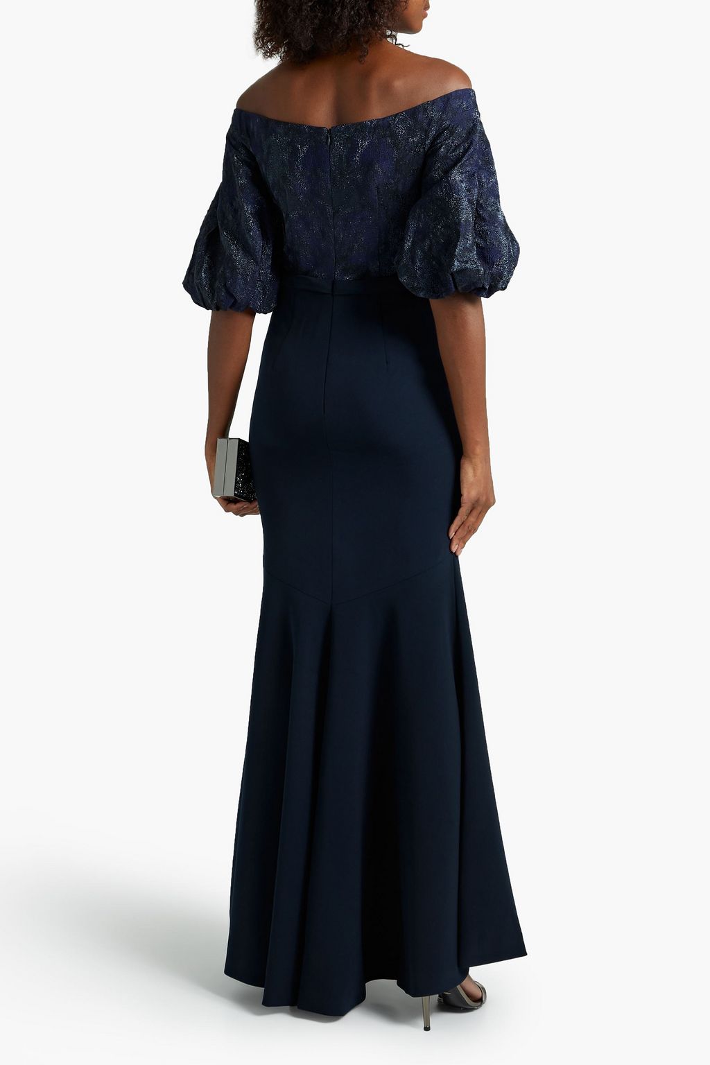 THEIA Off-the-shoulder embellished lamé and crepe gown