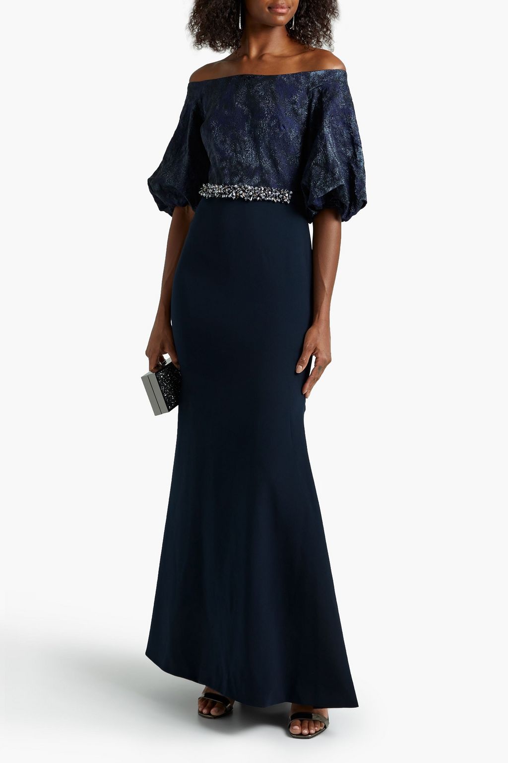 THEIA Off-the-shoulder embellished lamé and crepe gown
