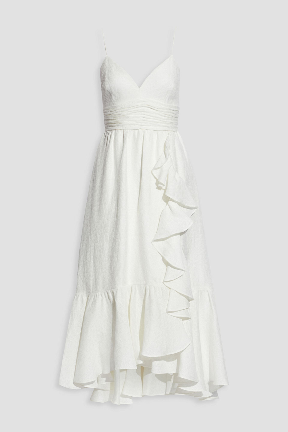 Wrap-effect tiered ruffled jacquard midi dress