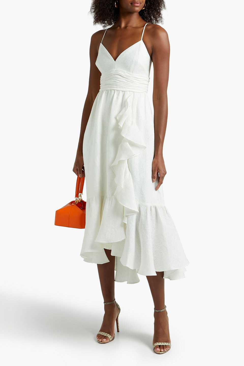 Theia Wrap-effect Tiered Ruffled Jacquard Midi Dress In White