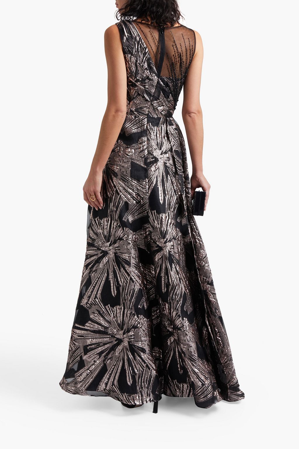 THEIA Tulle-paneled pleated metallic jacquard gown