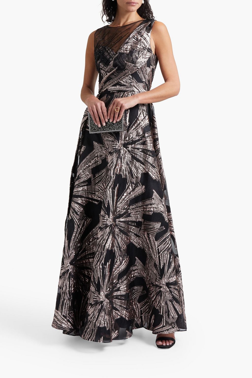 THEIA Tulle-paneled pleated metallic jacquard gown