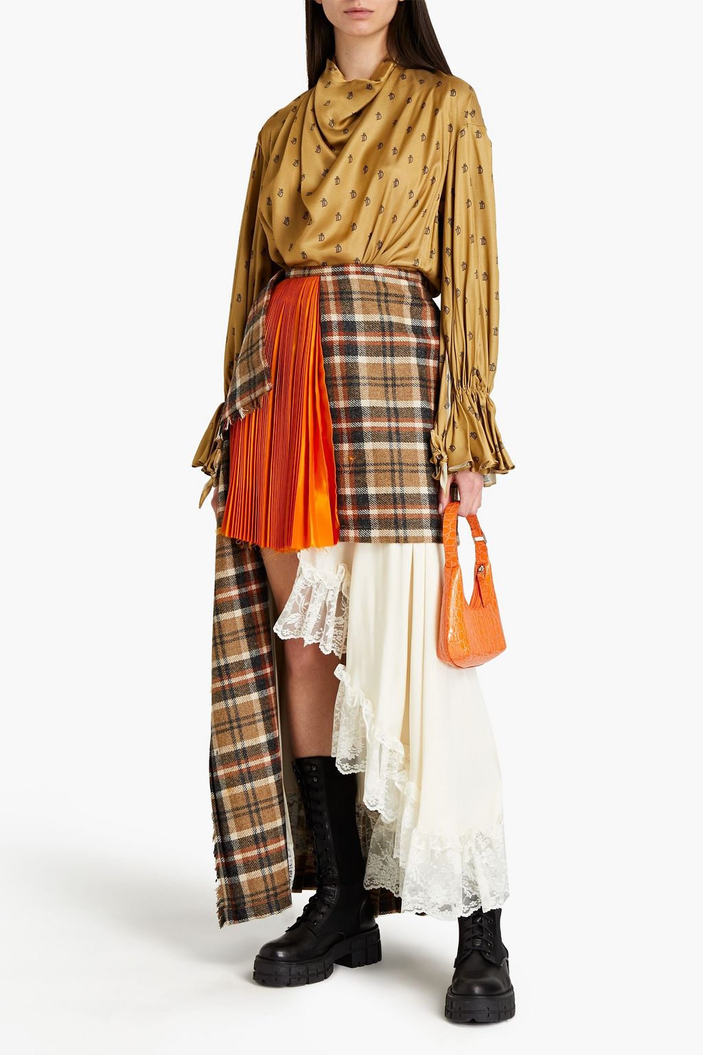 PREEN BY THORNTON BREGAZZI Jules pleated satin and wool-tweed midi skirt