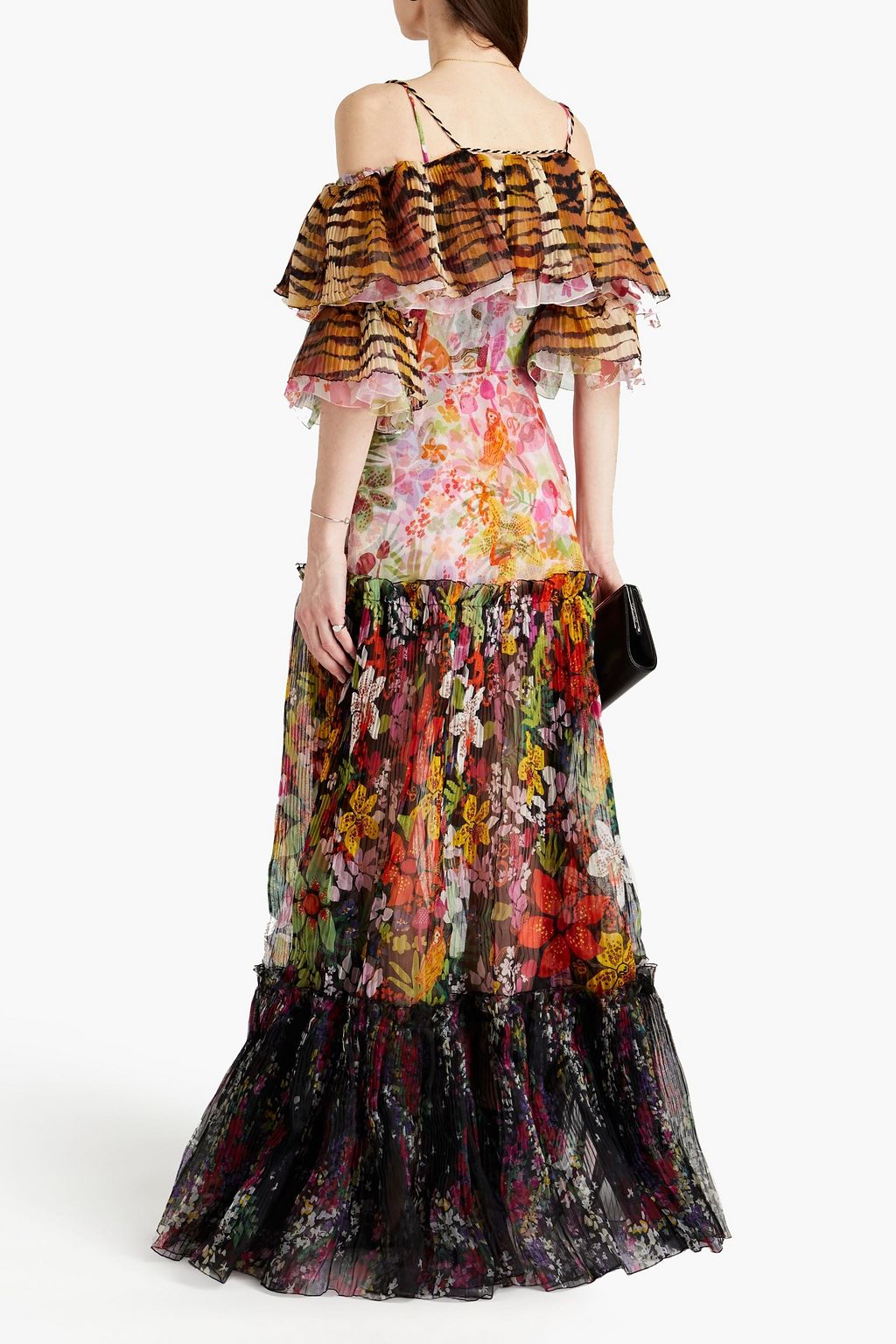 DUNDAS Cold-shoulder paneled printed plissé-organza gown