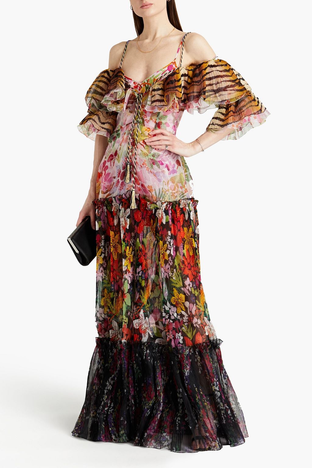 DUNDAS Cold-shoulder paneled printed plissé-organza gown
