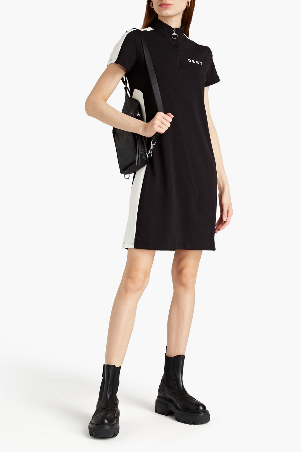 Dkny Striped Cotton-blend Jersey Mini Dress In Black