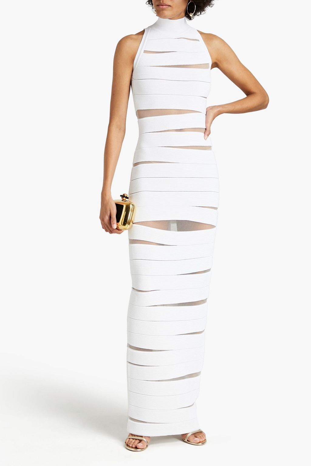 BALMAIN Mesh-paneled ribbed-knit maxi dress