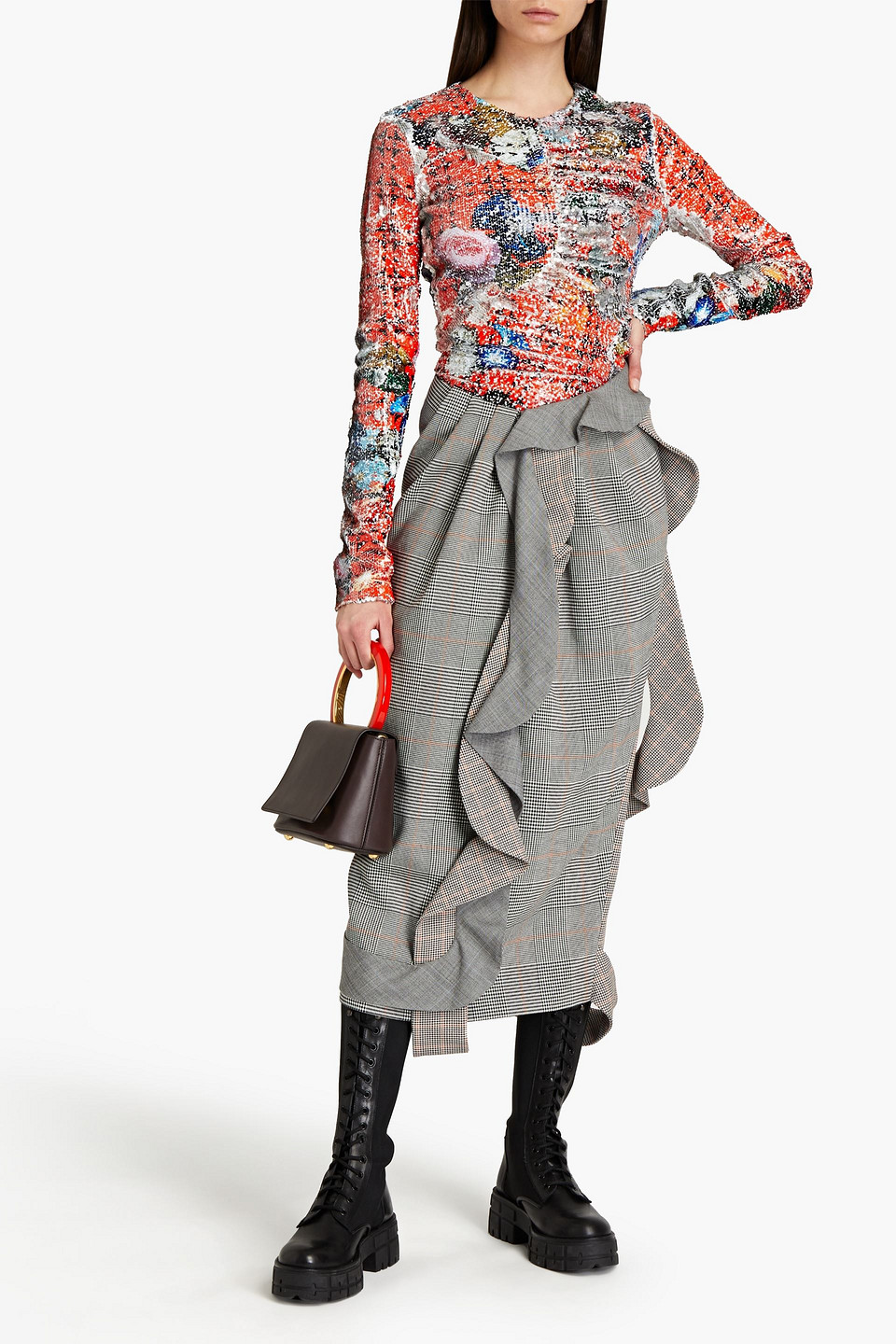 Preen By Thornton Bregazzi Ruffled Checked Wool Midi Skirt In Black