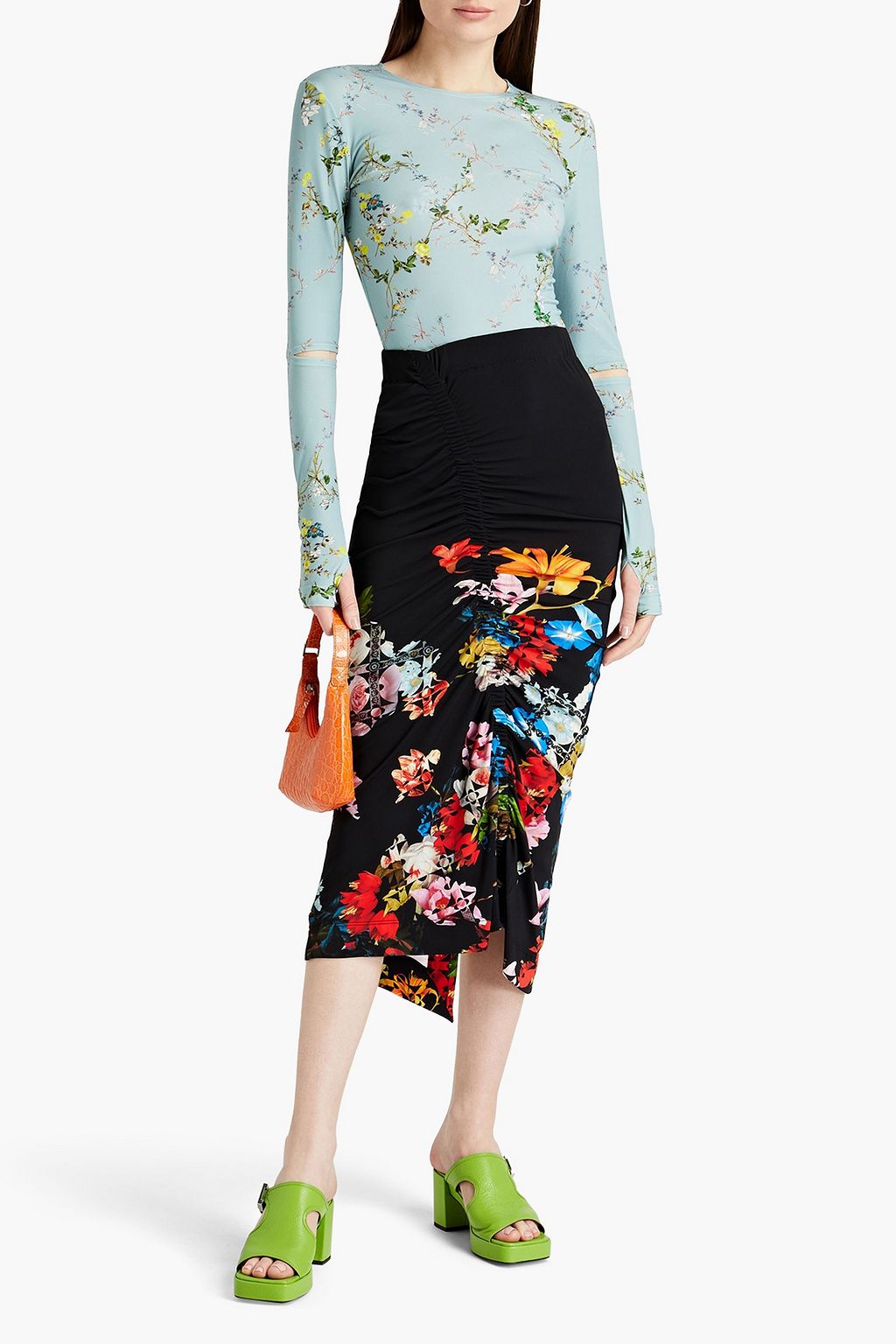 PREEN BY THORNTON BREGAZZI Adelaide ruched floral-print stretch-jersey midi skirt