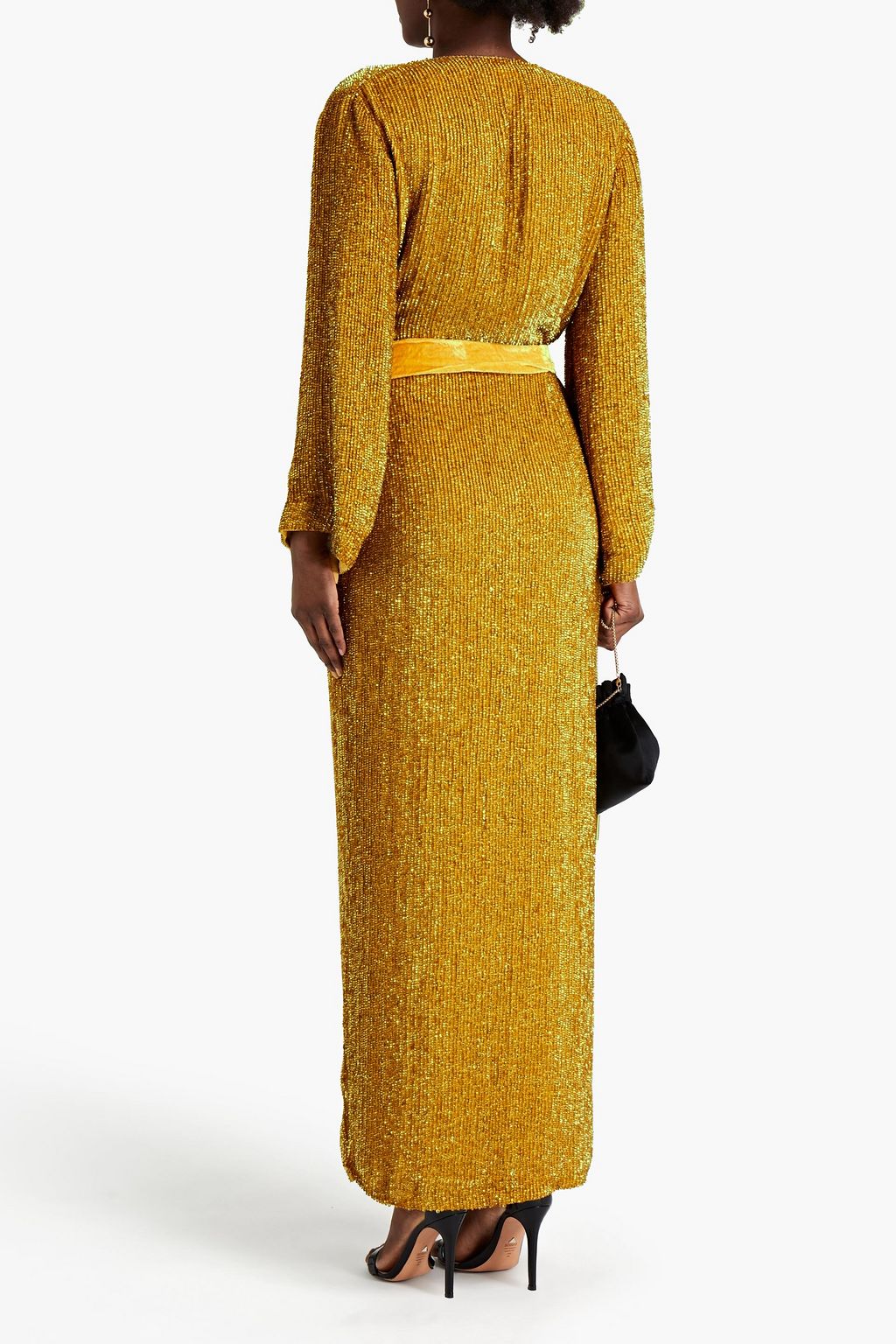 RETROFÊTE Velvet-trimmed sequined chiffon maxi wrap dress