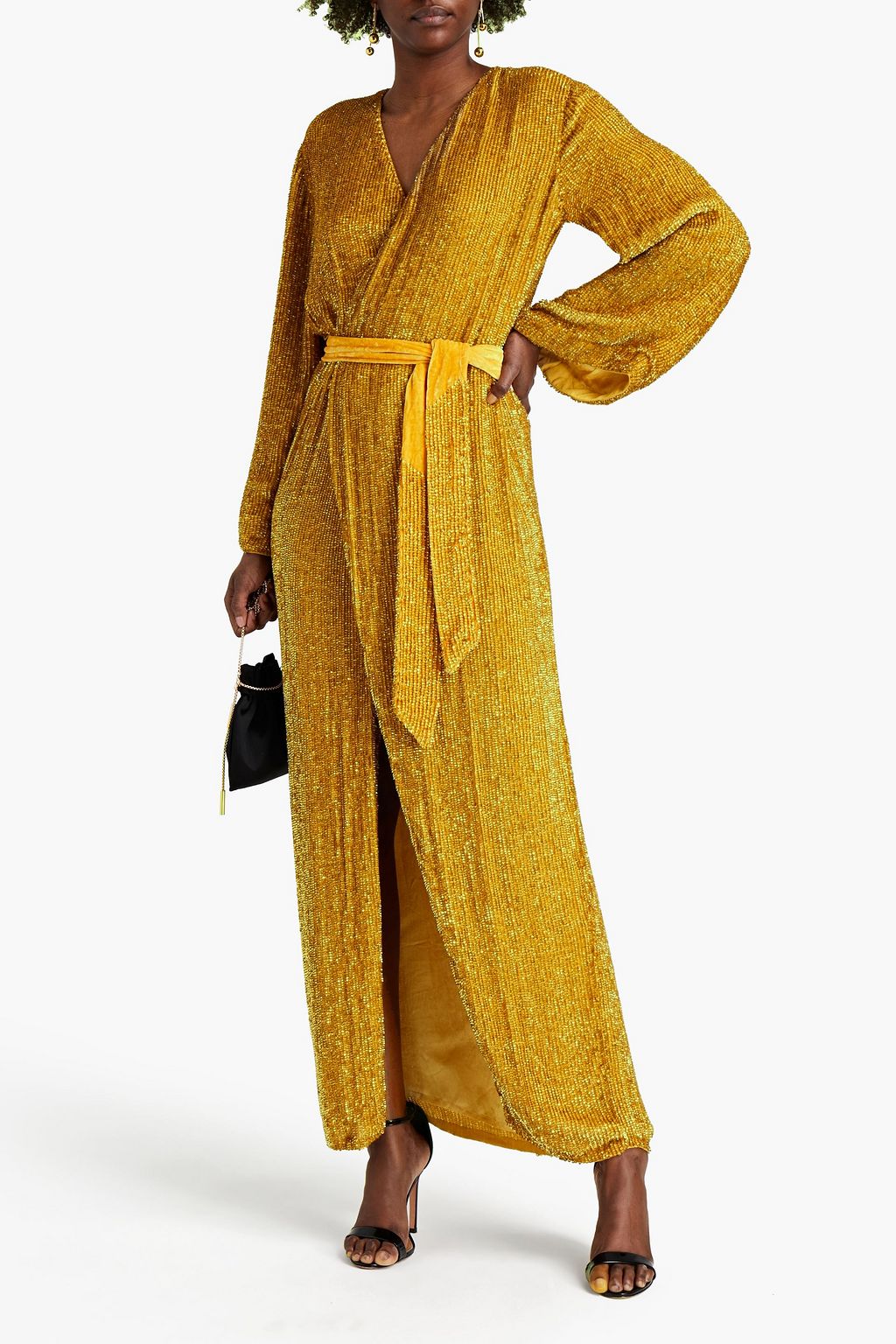 RETROFÊTE Velvet-trimmed sequined chiffon maxi wrap dress