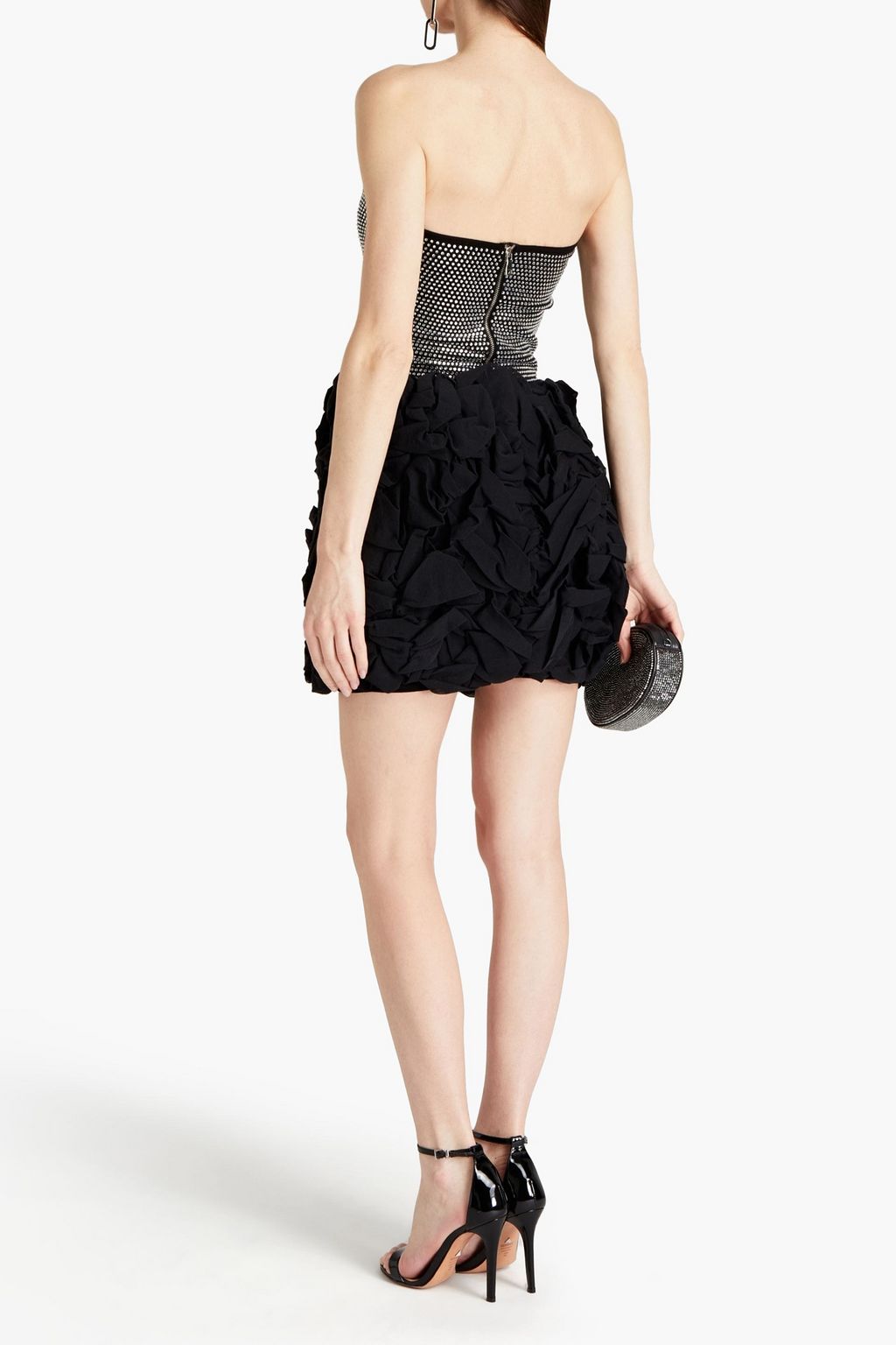 BALMAIN Strapless embellished ruffled jersey mini dress
