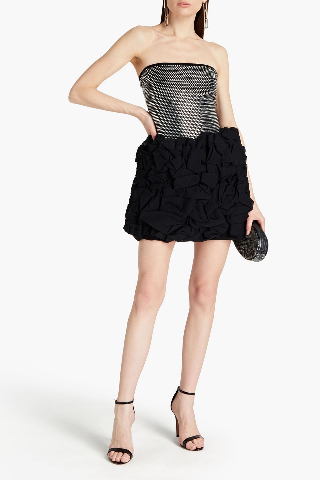 BALMAIN Strapless embellished ruffled jersey mini dress