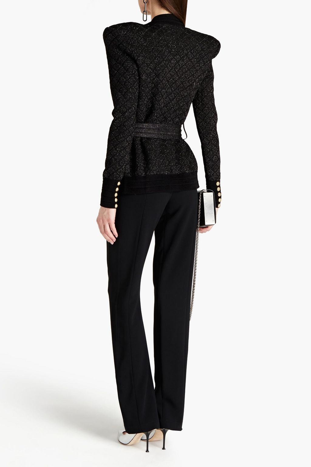 BALMAIN Belted metallic crochet-knit jacket