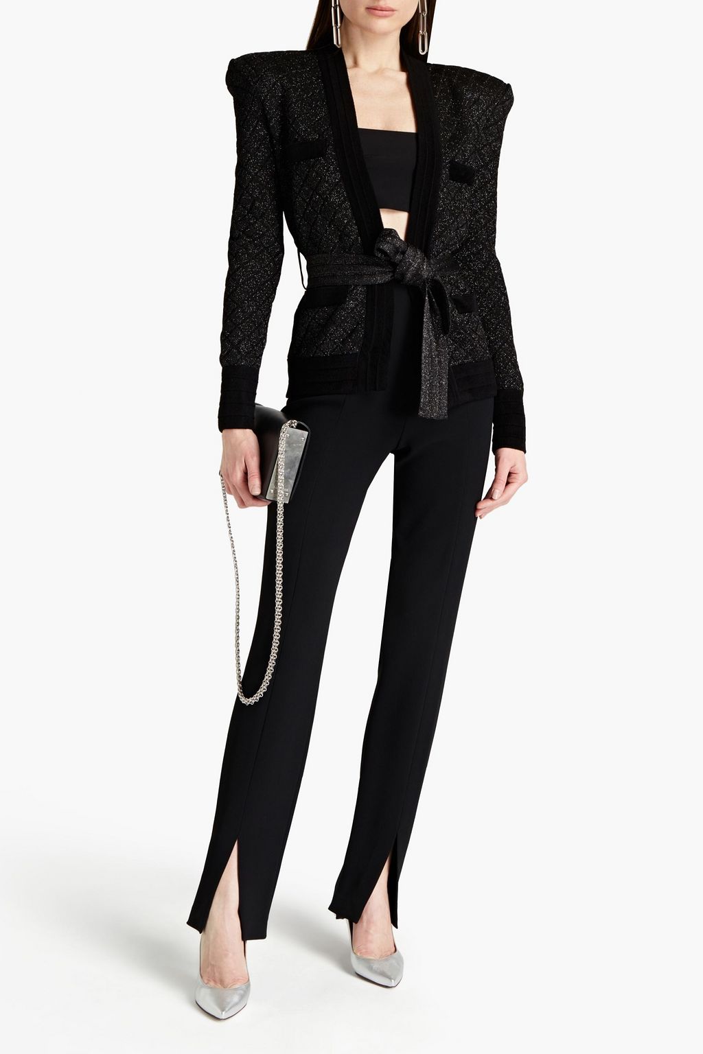 BALMAIN Belted metallic crochet-knit jacket