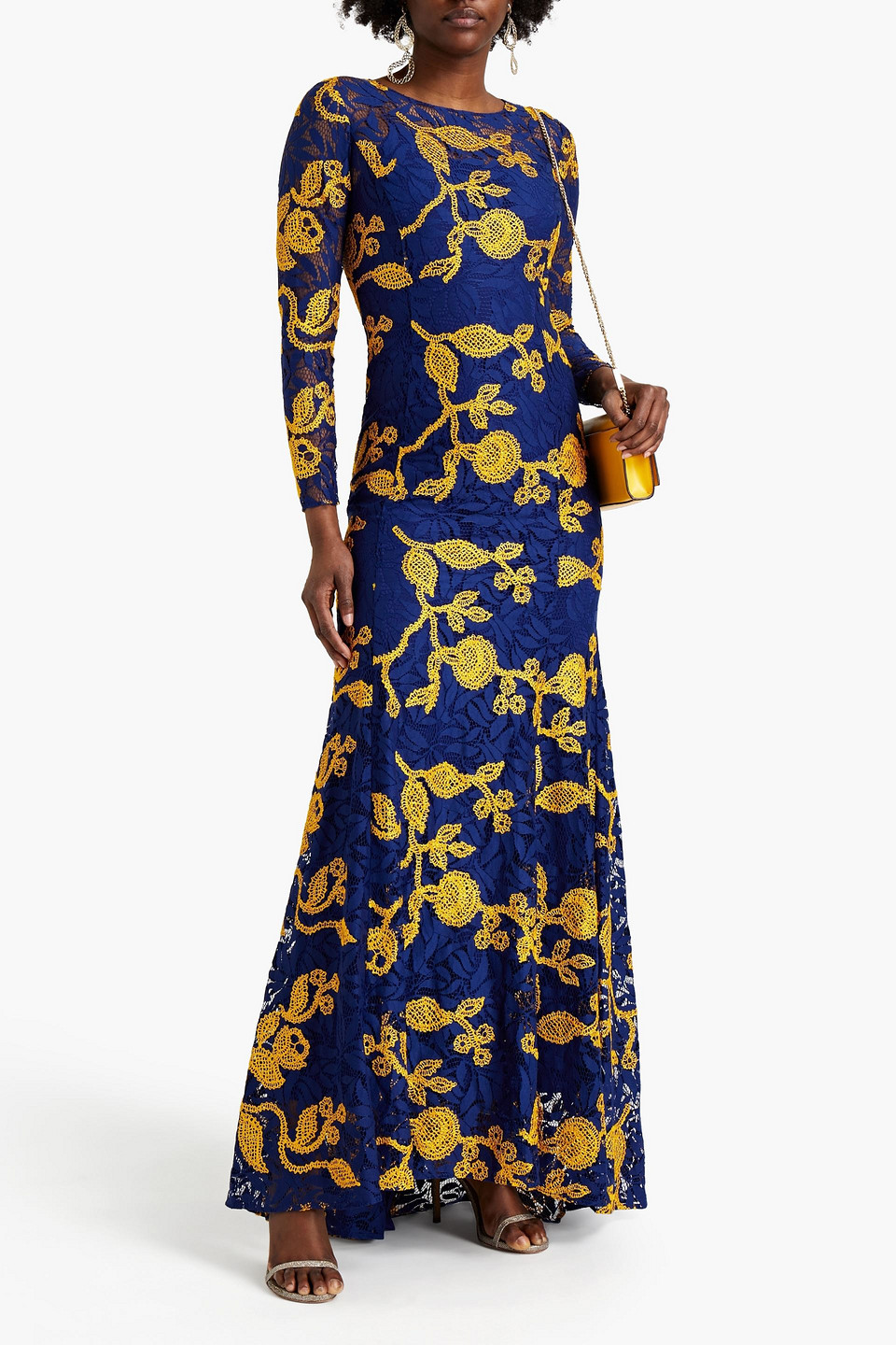 Oscar De La Renta Embroidered Lace Maxi Dress In Indigo