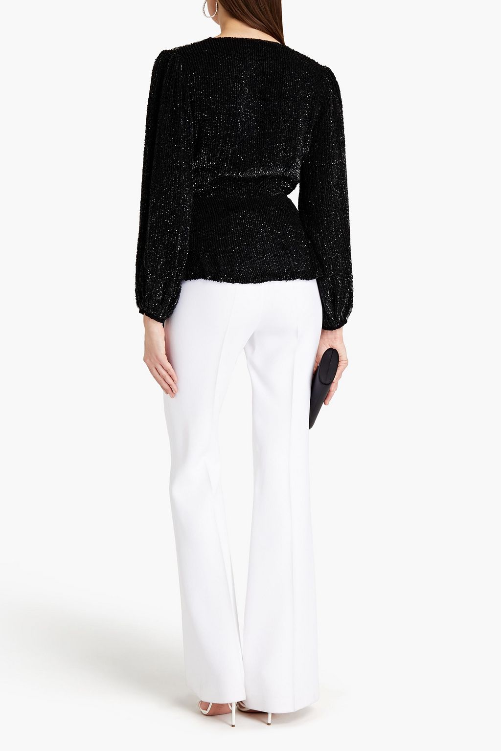 RETROFÊTE Bette velvet-trimmed sequined chiffon wrap top