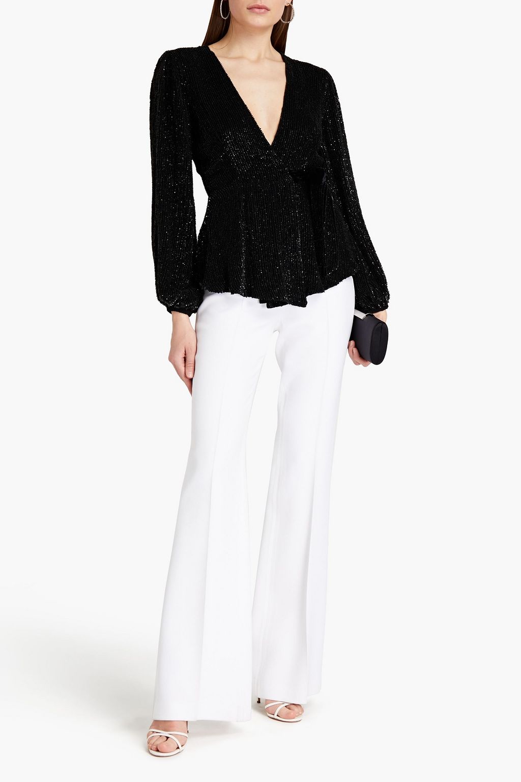 RETROFÊTE Bette velvet-trimmed sequined chiffon wrap top