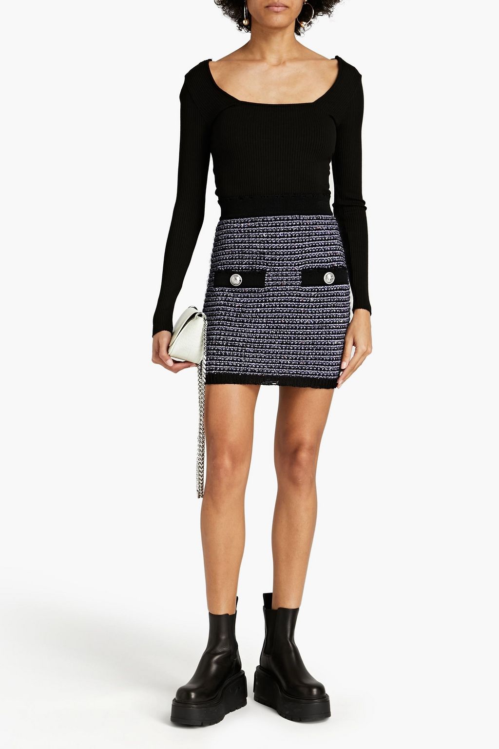 BALMAIN Embellished distressed metallic knitted mini skirt