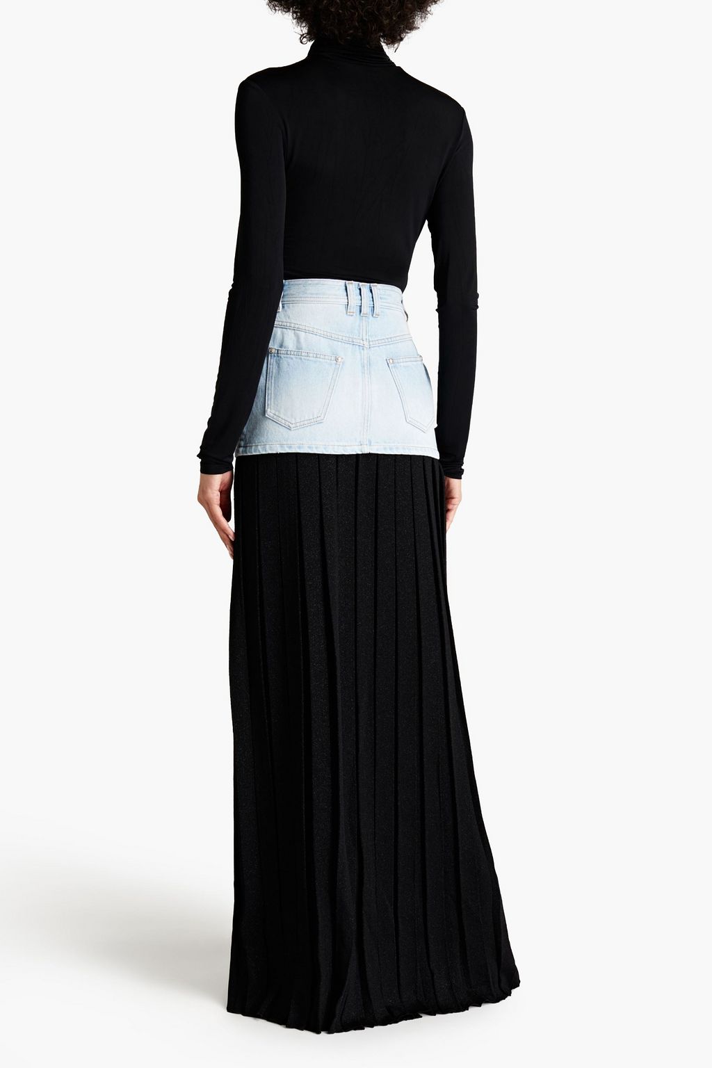 BALMAIN 데님 패널 코튼 플리츠 맥시 스커트