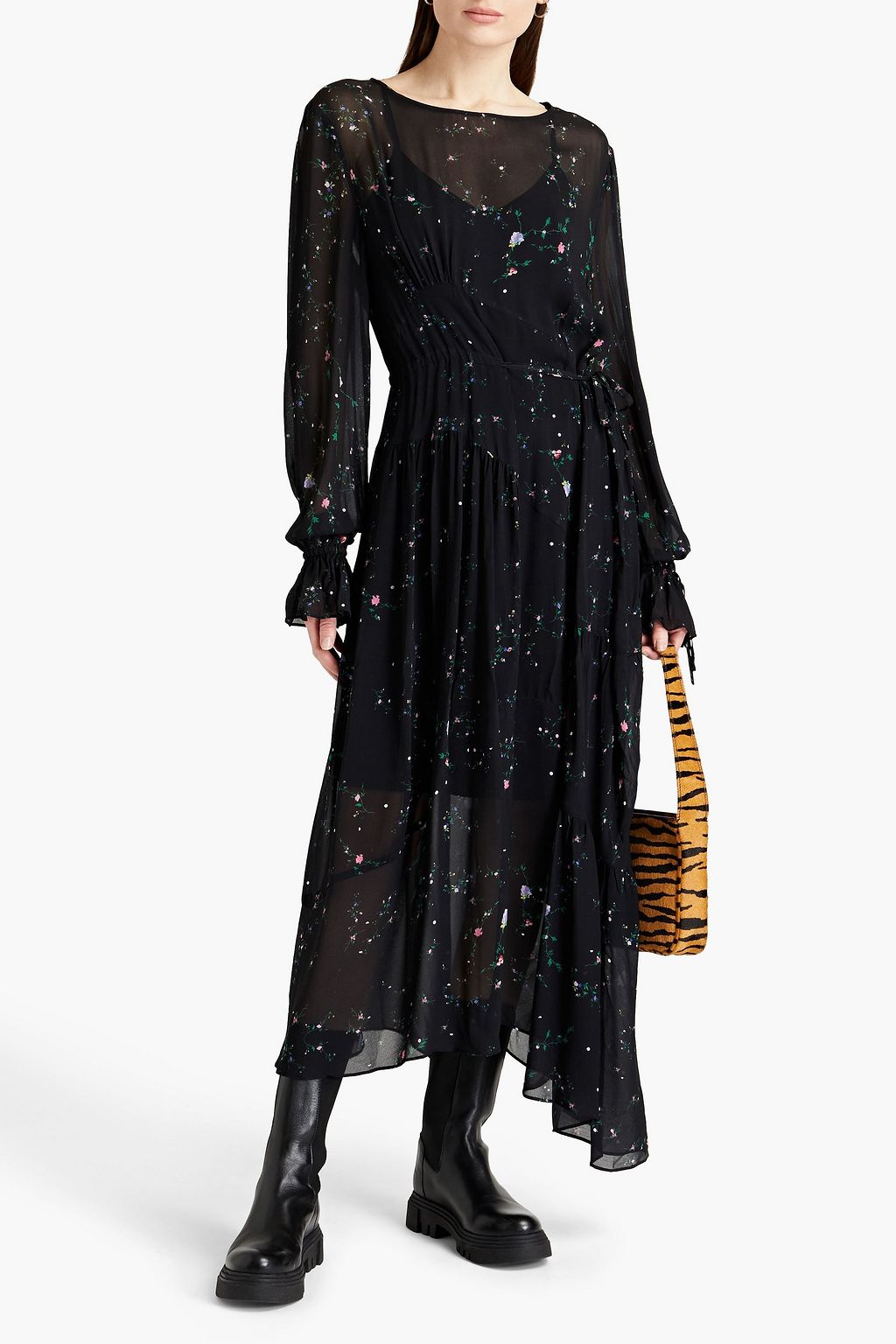 PREEN LINE Asymmetric tie-front floral-print georgette maxi dress