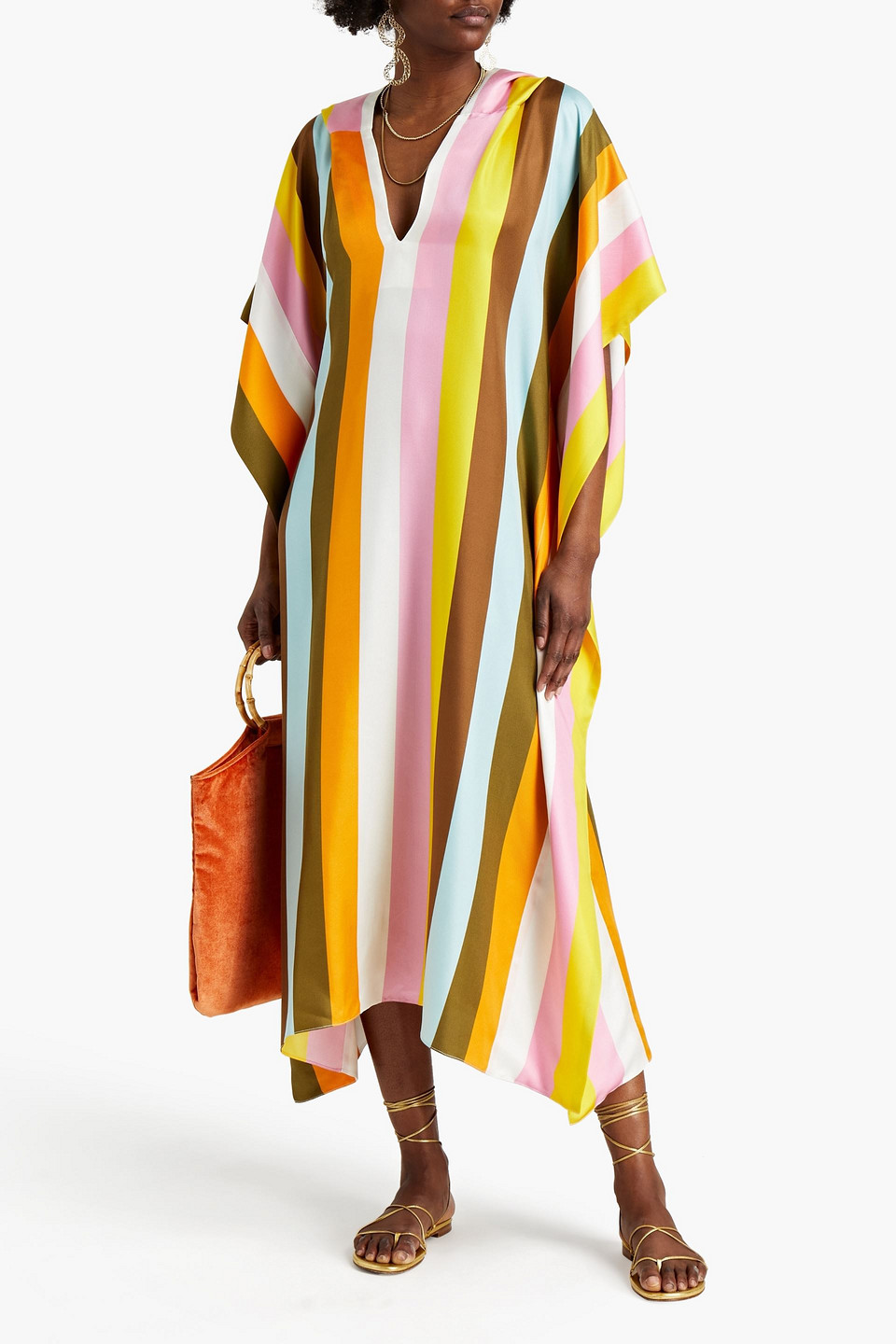 Oscar De La Renta Striped Silk Crepe De Chine Hooded Kaftan In Multicolor