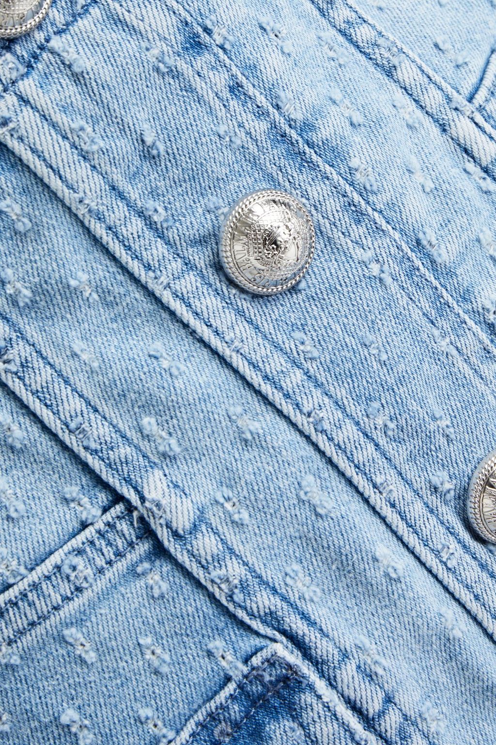 BALMAIN Embellished distressed denim mini skirt