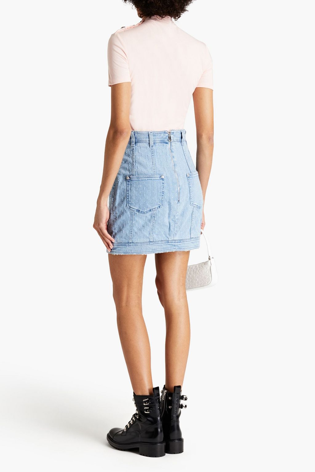 BALMAIN Embellished distressed denim mini skirt