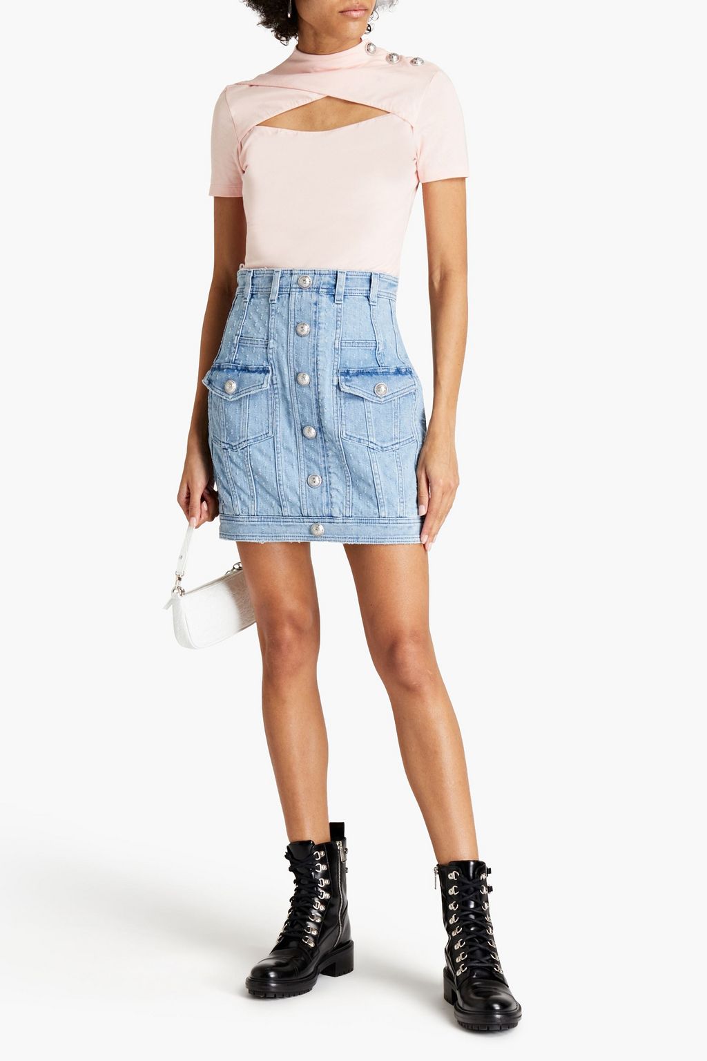 BALMAIN Embellished distressed denim mini skirt