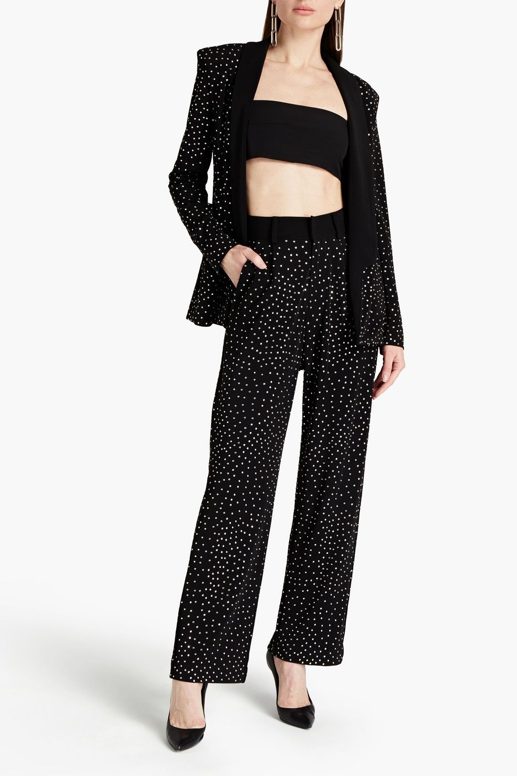 BALMAIN 크리스털 장식 스트레치 저지 스트레이트 레그 팬츠
