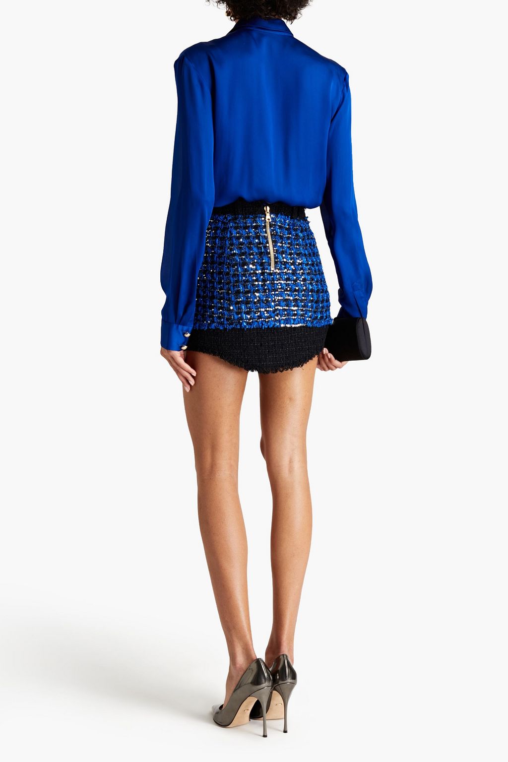 BALMAIN Embellished metallic bouclé-tweed mini skirt