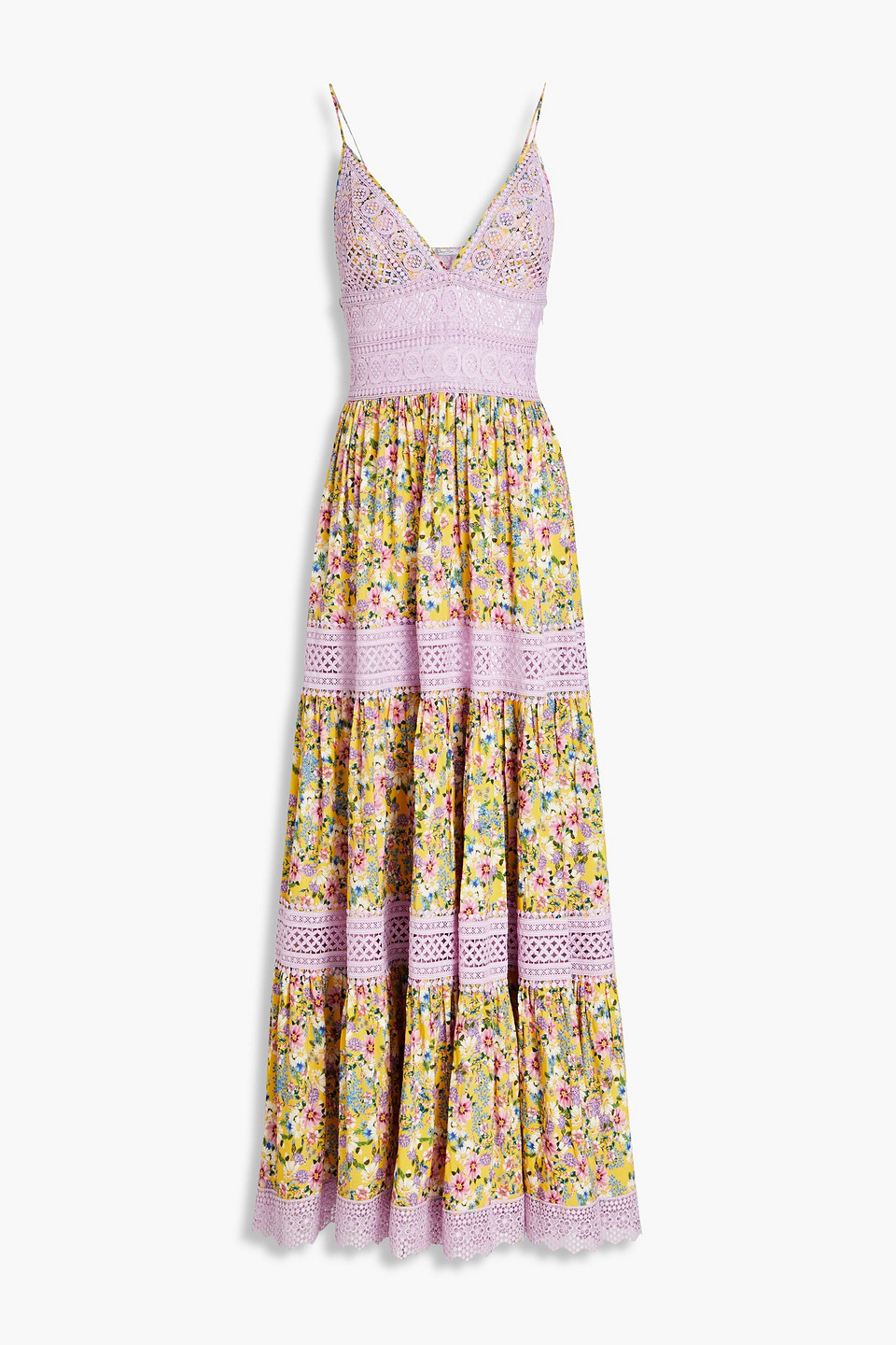 Charo Ruiz Ibiza Woman Crocheted Lace-paneled Printed Satin Maxi Dress Yellow Size S