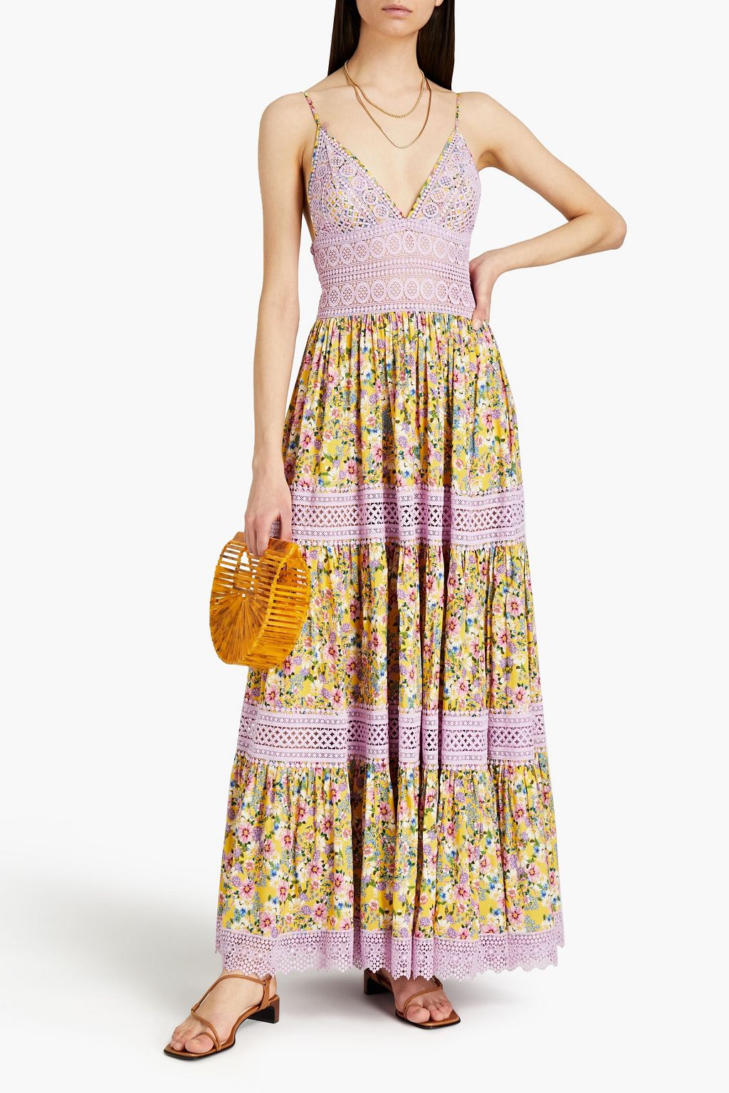 CHARO RUIZ IBIZA Crocheted lace-paneled printed satin maxi dress