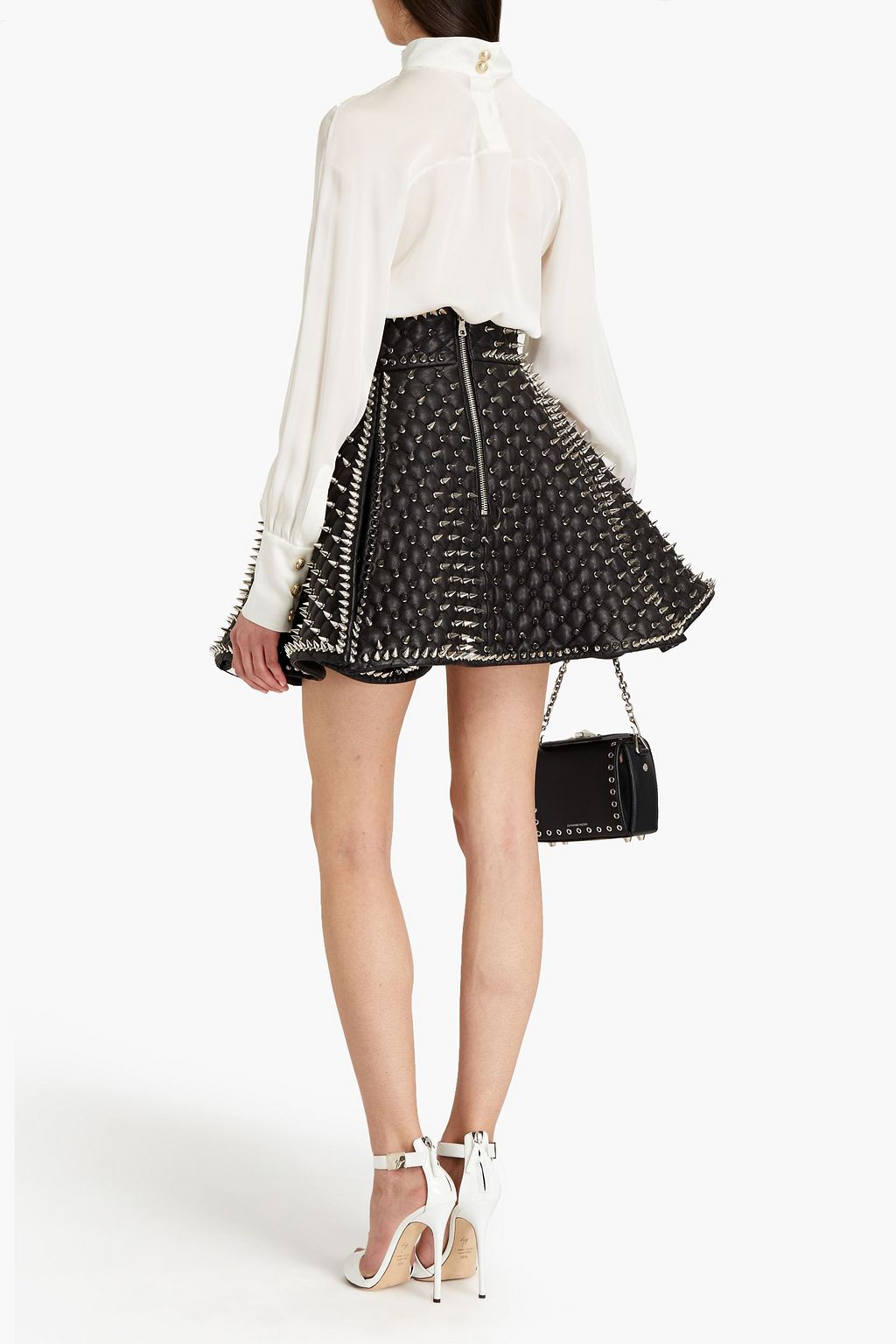BALMAIN Studded quilted leather mini wrap skirt