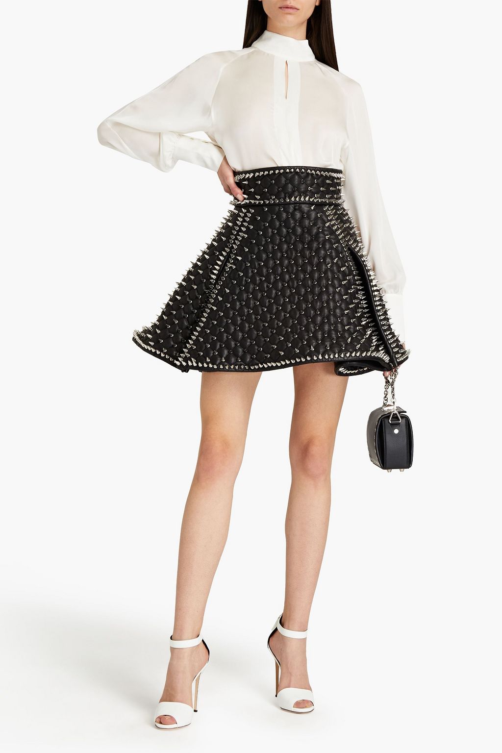 BALMAIN Studded quilted leather mini wrap skirt