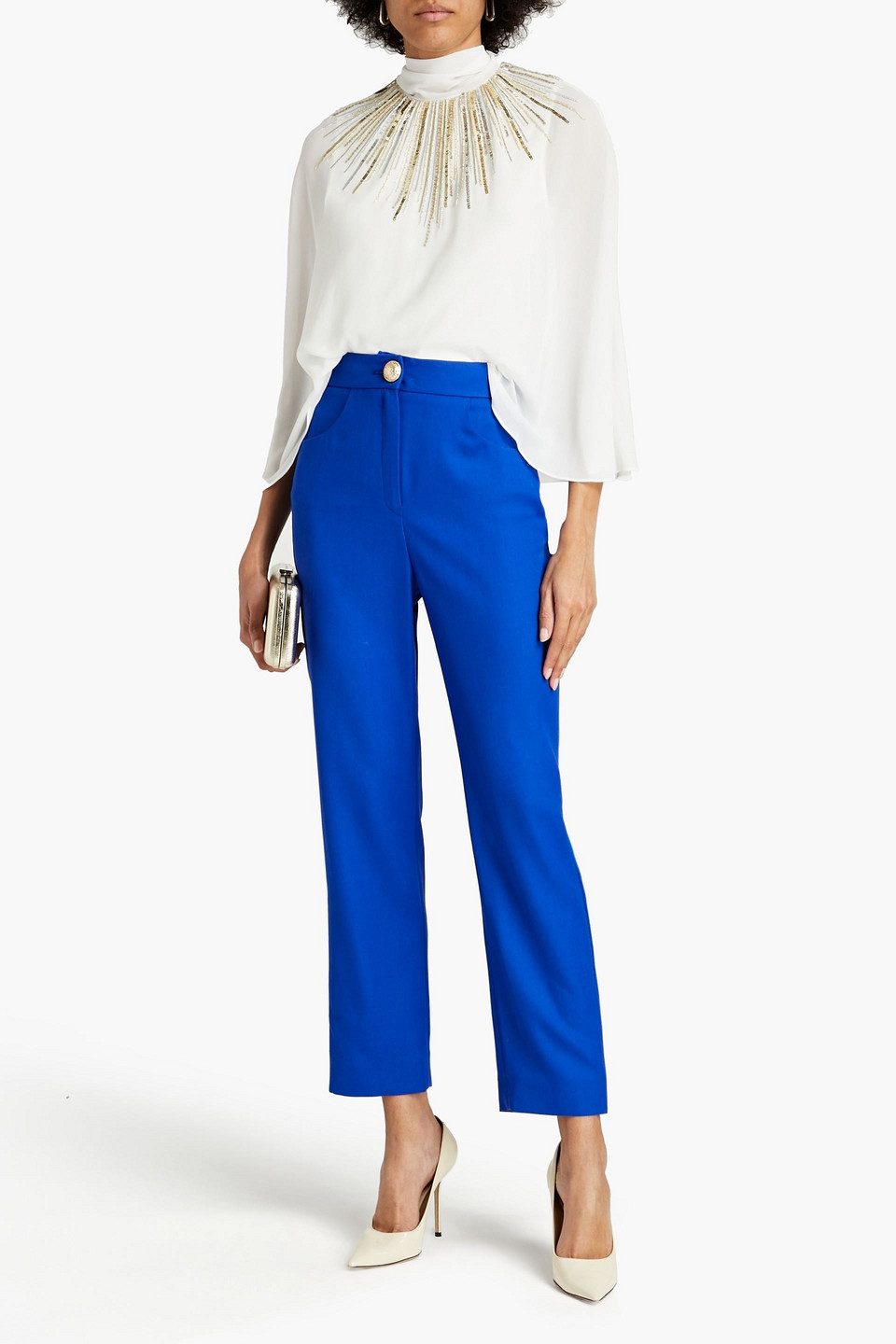 Balmain Satin-trimmed Wool Slim-leg Trousers In Blue