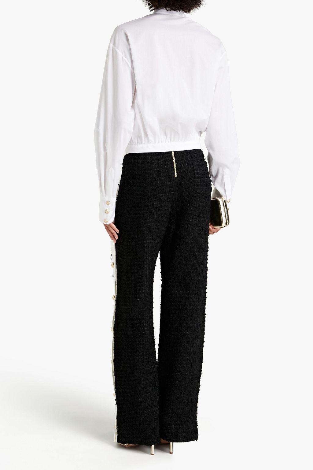BALMAIN Satin-trimmed tweed wide-leg pants