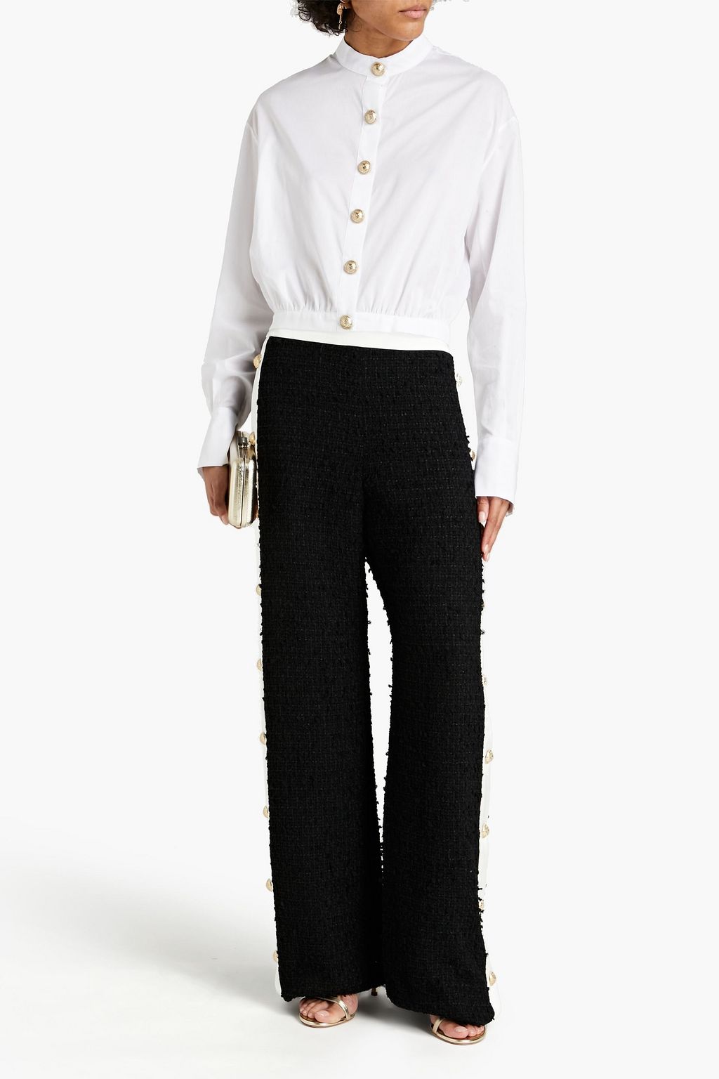 BALMAIN Satin-trimmed tweed wide-leg pants