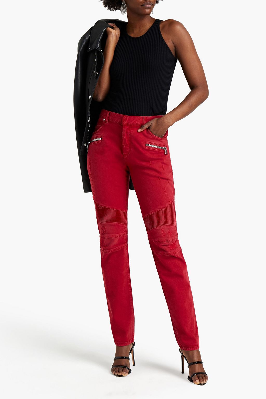 BALMAIN Distressed high-rise slim-leg jeans